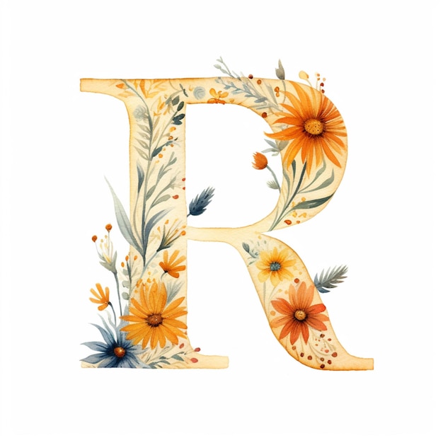 il y a une aquarelle d'une lettre r avec des fleurs ai génératif