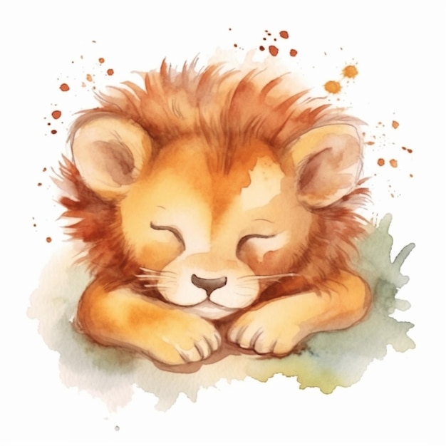 Il y a une aquarelle d'un lion dormant sur le sol ai générative