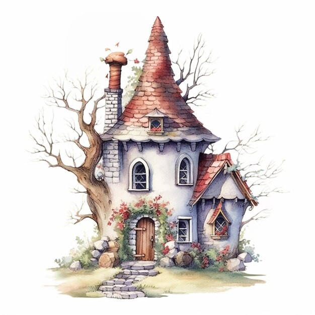 il y a une aquarelle d'une maison avec un arbre ai génératif