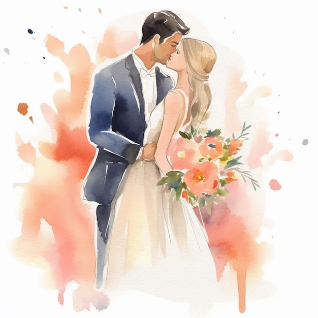 Il y a une aquarelle d'une mariée et d'un marié générative ai