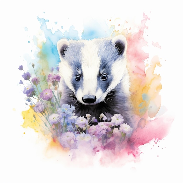 Il y a une aquarelle d'un petit blaireau dans un champ de fleurs ai générative