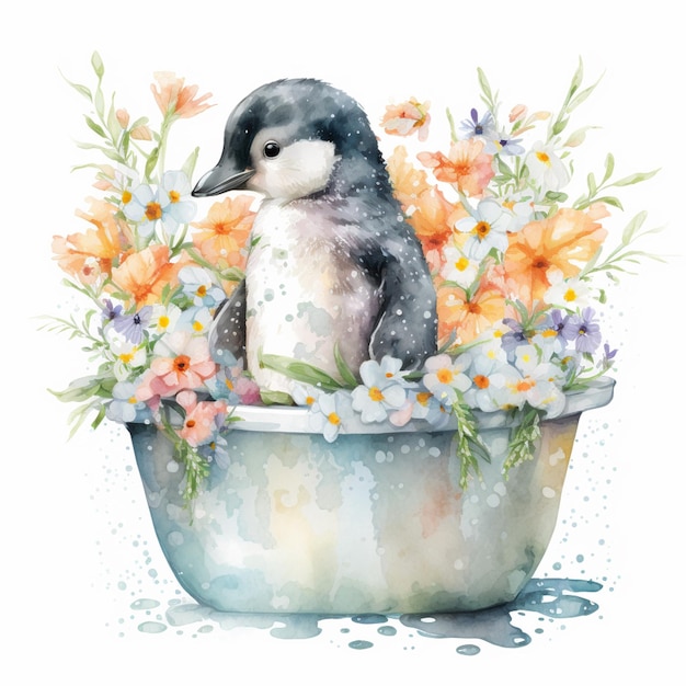 Il y a une aquarelle d'un pingouin dans une baignoire avec des fleurs générative ai