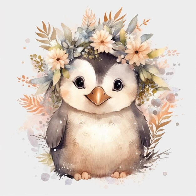 Il y a une aquarelle d'un pingouin portant une couronne de fleurs générative ai