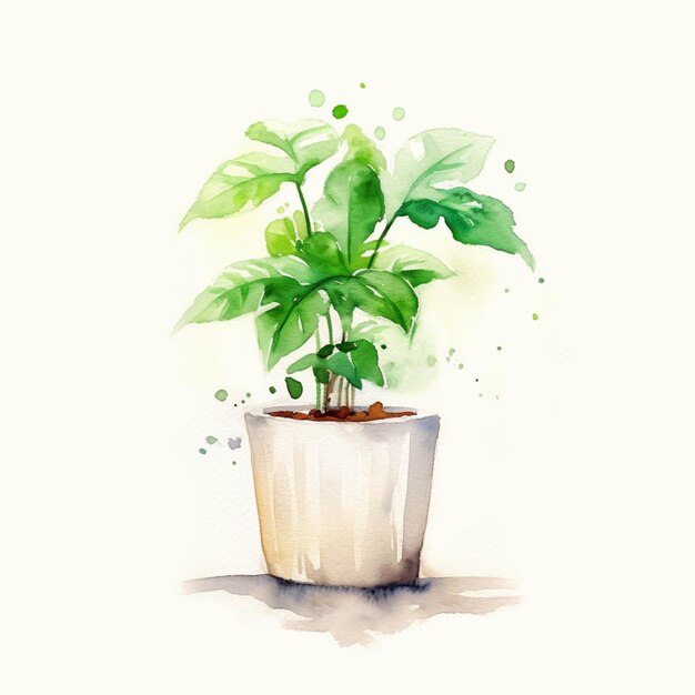 Il y a une aquarelle d'une plante en pot avec des feuilles vertes générative ai