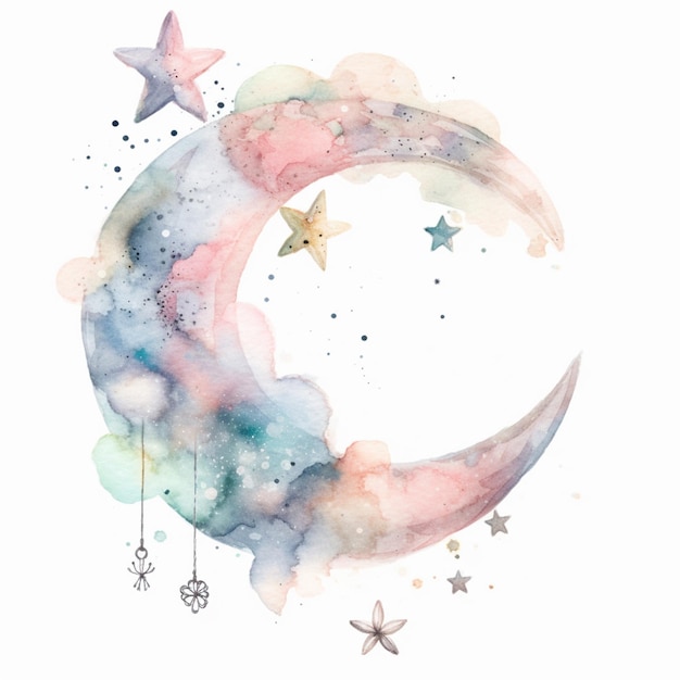 il y a une aquarelle représentant un croissant avec des étoiles et un papillon ai génératif