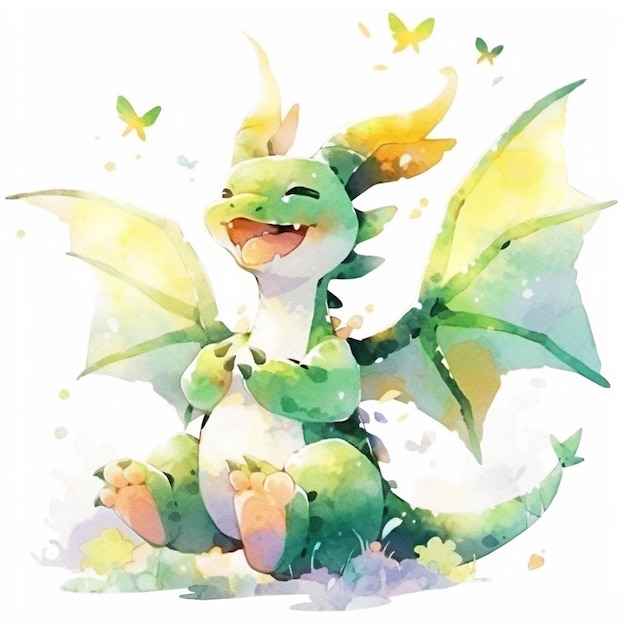 il y a une aquarelle représentant un dragon avec un papillon sur la tête ai générative