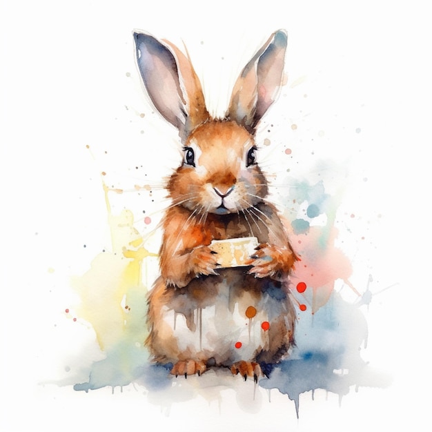 il y a une aquarelle représentant un lapin mangeant un morceau de gâteau ai génératif