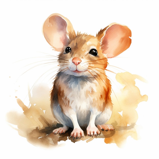 il y a une aquarelle représentant une souris assise sur le sol IA générative