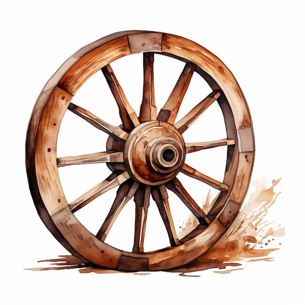 Il y a une aquarelle d'une roue en bois sur un fond blanc ai générative