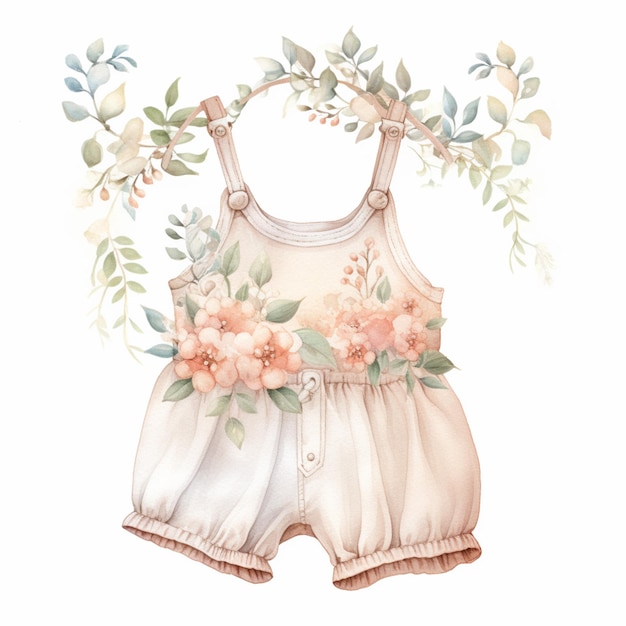 il y a une aquarelle d'une tenue de bébé avec des fleurs ai générative