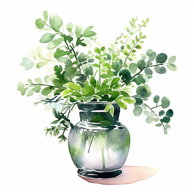 Il y a une aquarelle d'un vase avec des plantes vertes générative ai