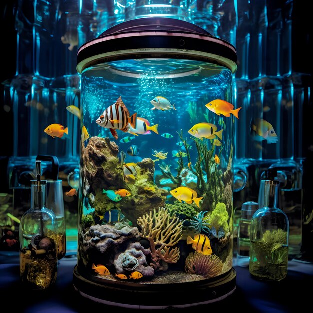 Il y a un aquarium avec beaucoup de poissons à l'intérieur.