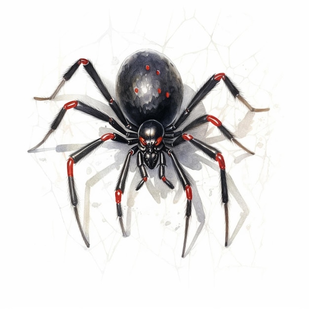 Il y a une araignée noire avec des yeux rouges sur une surface blanche générative ai