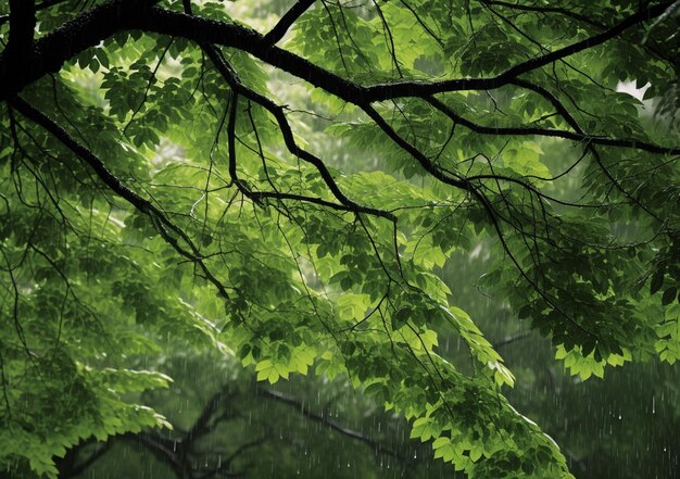 Il y a un arbre feuillu vert avec un parapluie rouge sous la pluie ai générative