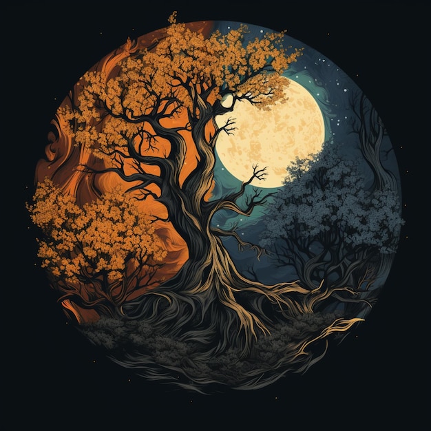 Il y a un arbre avec une lune pleine à l'arrière-plan.