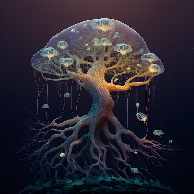 Il y a un arbre à méduses avec des méduses flottant autour d'elle générative ai