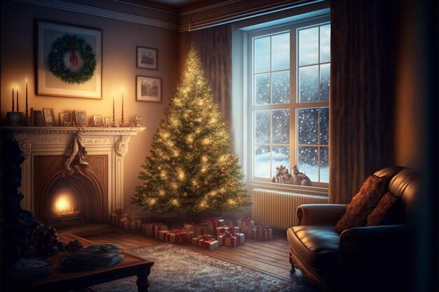 Il y a un arbre de Noël dans le salon avec des cadeaux.