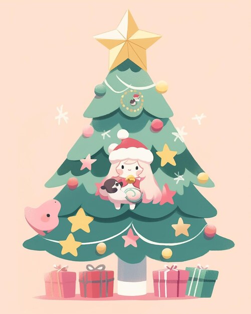 Il y a un arbre de Noël de dessin animé avec un ours en peluche et des cadeaux génératifs