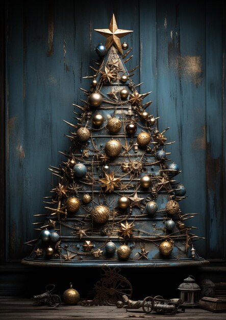 Il y a un arbre de Noël fait de boules de métal et une étoile générative ai