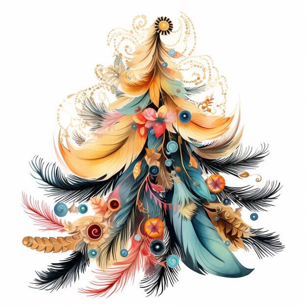 Il y a un arbre de Noël fait de plumes et de fleurs.