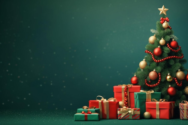 Il y a un arbre de Noël avec de nombreux cadeaux autour de lui générative ai