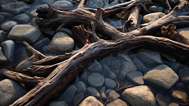 Il y a un arbre qui est posé sur des rochers ai génératif