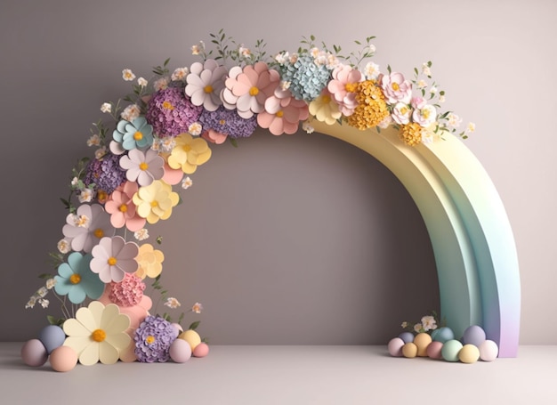 Il y a un arc-en-ciel avec des fleurs et des oeufs sur le terrain ai générative