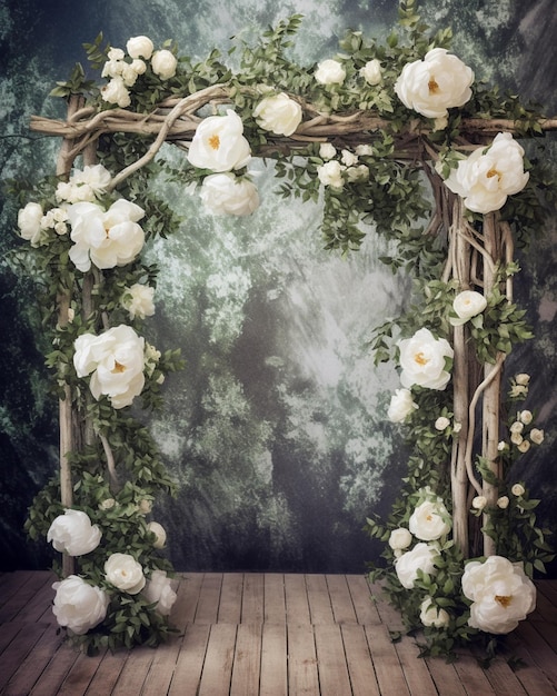 Il y a une arche en bois avec des fleurs blanches et de la verdure générative ai
