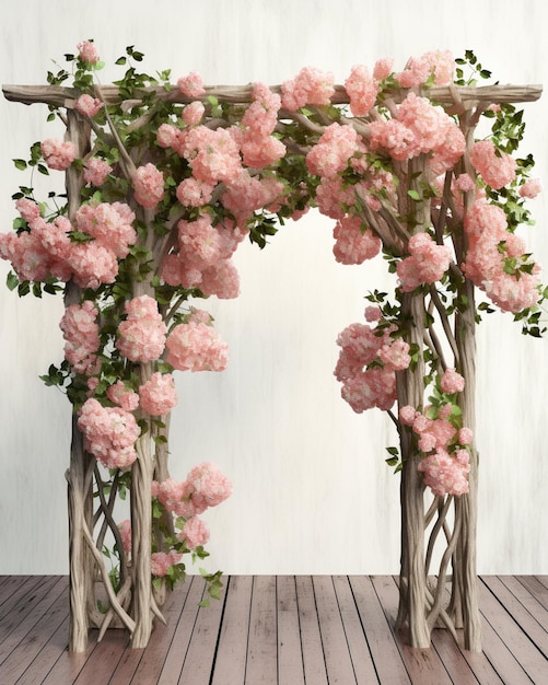 Il y a une arche en bois avec des fleurs roses dessus.