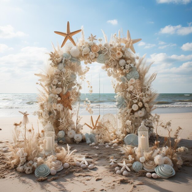 Photo il y a une arche de mariage faite de coquillages et d'étoiles de mer sur la plage.