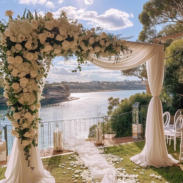 Photo il y a une arche de mariage avec des fleurs et des pétales sur l'herbe générative ai