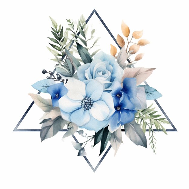 Il y a un arrangement de fleurs bleues avec des feuilles et des fleurs dans un triangle ai générative