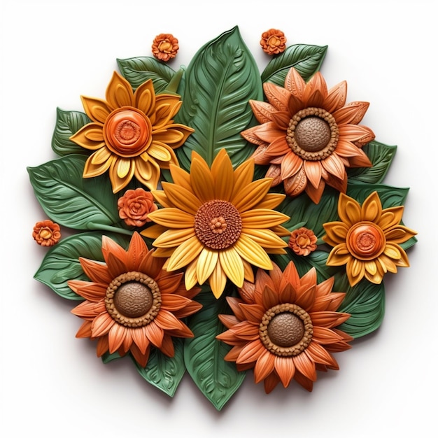 Il y a un arrangement de fleurs en papier composé de tournesols et de feuilles génératives ai