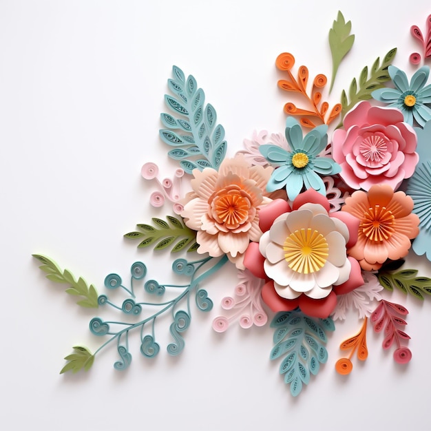 Il y a un arrangement de fleurs de papier sur une surface blanche générative ai