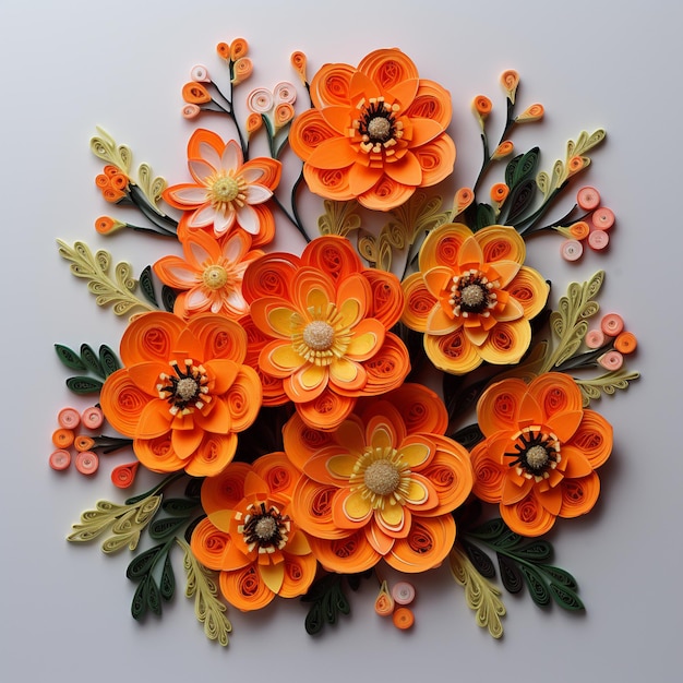 il y a un arrangement floral en papier fait avec des fleurs et des feuilles d'oranger ai génératif