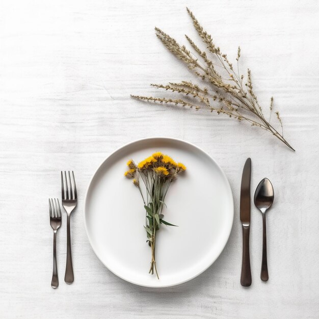 Il y a une assiette avec un bouquet de fleurs dessus.