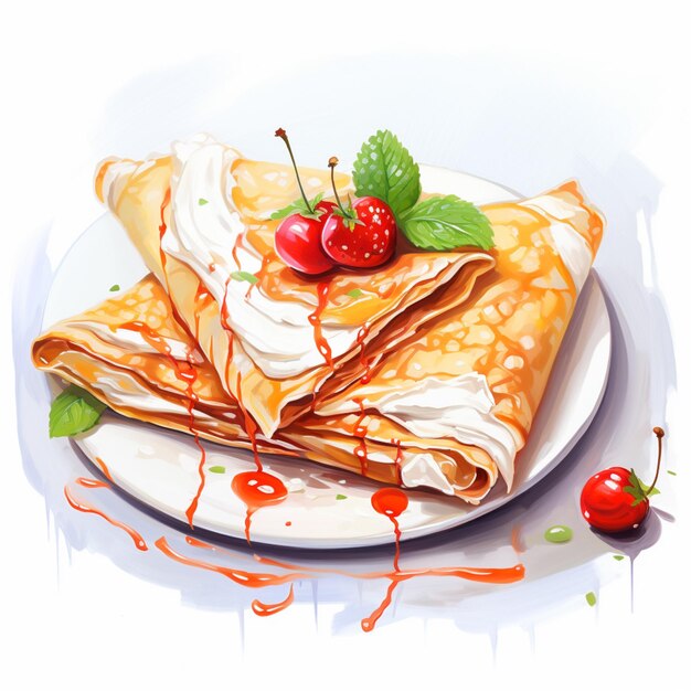 Il y a une assiette avec une crêpe et une cerise dessus.