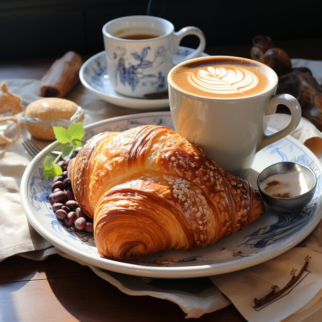 Il y a une assiette avec un croissant et une tasse de café génératif ai