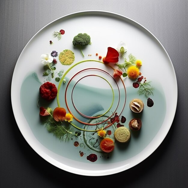 Photo il y a une assiette avec un dessin circulaire fait de fruits et légumes génératifs ai