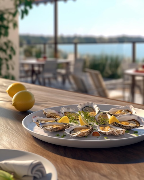 Photo il y a une assiette d'huîtres sur une table avec des citrons.