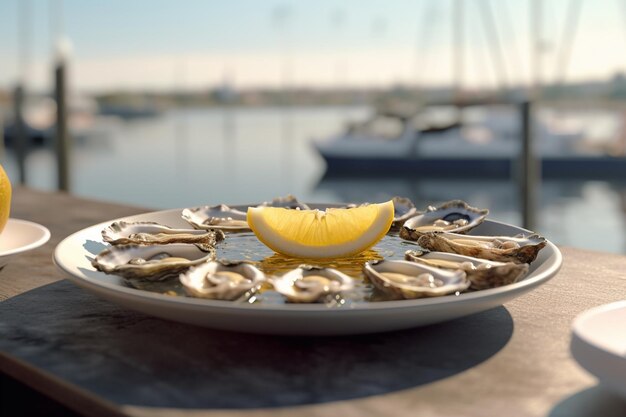 Il y a une assiette d'huîtres sur une table avec un coin de citron génératif ai