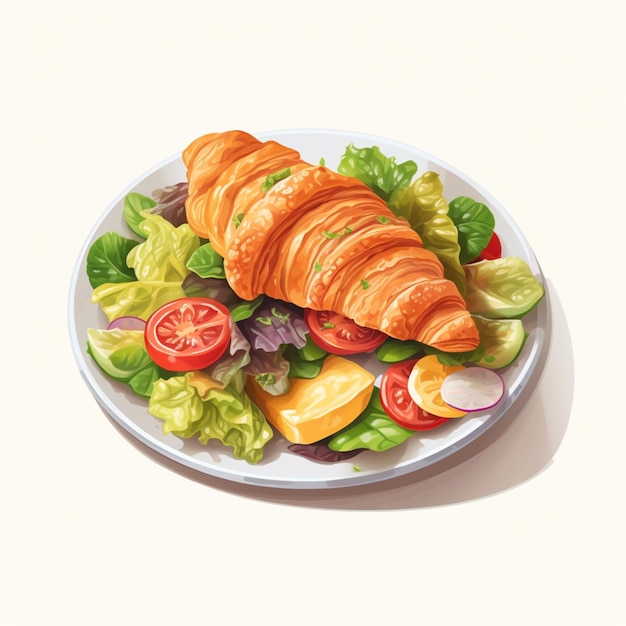 Il y a une assiette de nourriture avec un croissant et des légumes dessus.