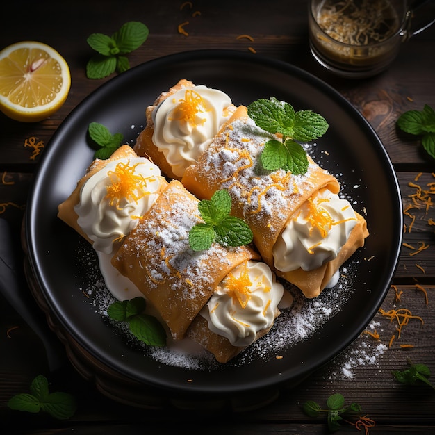 il y a une assiette de nourriture avec des oranges et de la crème dessus ai générative