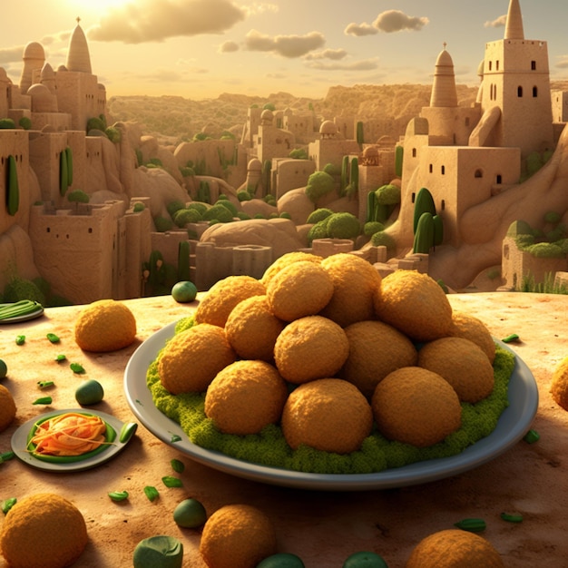 Il y a une assiette de nourriture sur une table avec un château en arrière-plan.