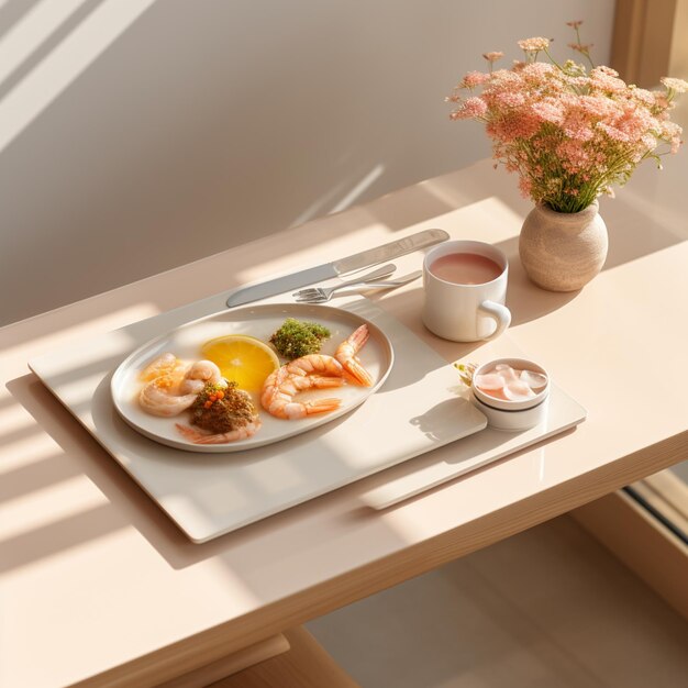 Il y a une assiette de nourriture sur une table avec une tasse de café.