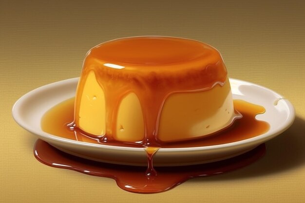 Il y a une assiette avec un pudding au caramel dessus.