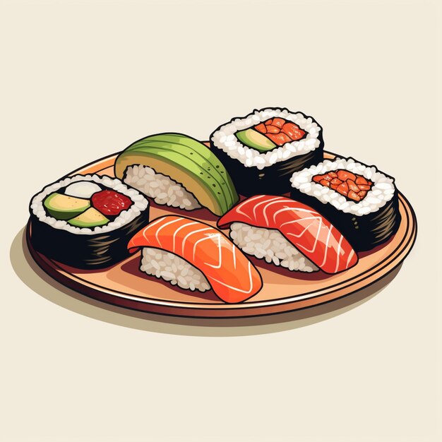 Il y a une assiette de sushi avec de l'avocat et du saumon.