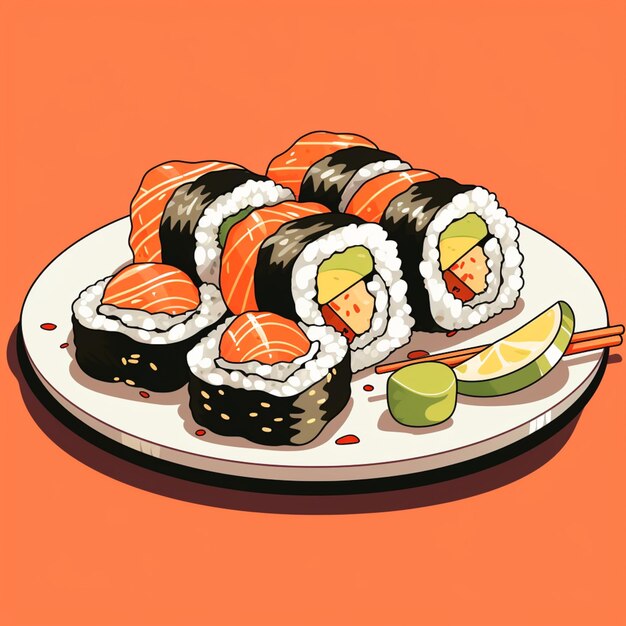 Il y a une assiette de sushi avec des baguettes et de la chaux dessus.