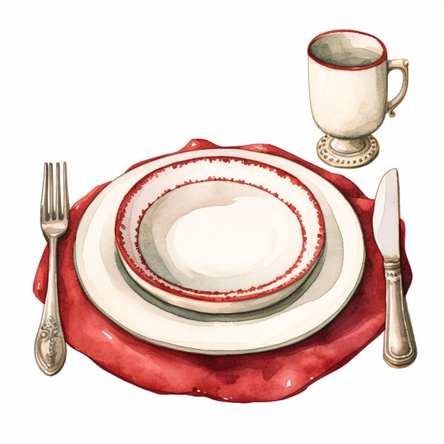 Photo il y a une assiette et une tasse sur un napperon rouge ai génératif