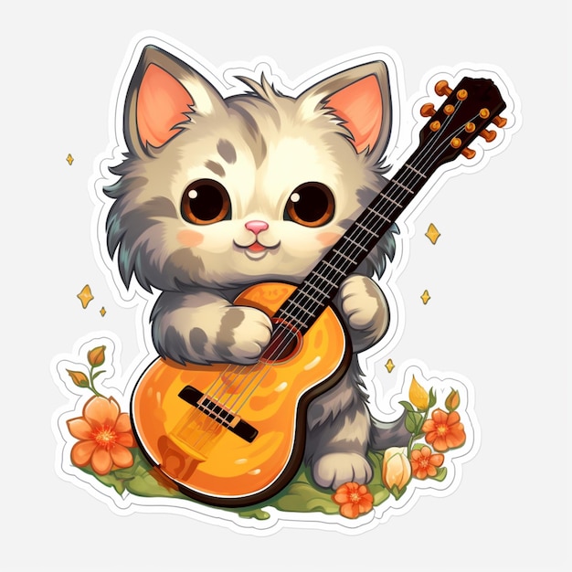 Il y a un autocollant d'un chat qui joue de la guitare.
